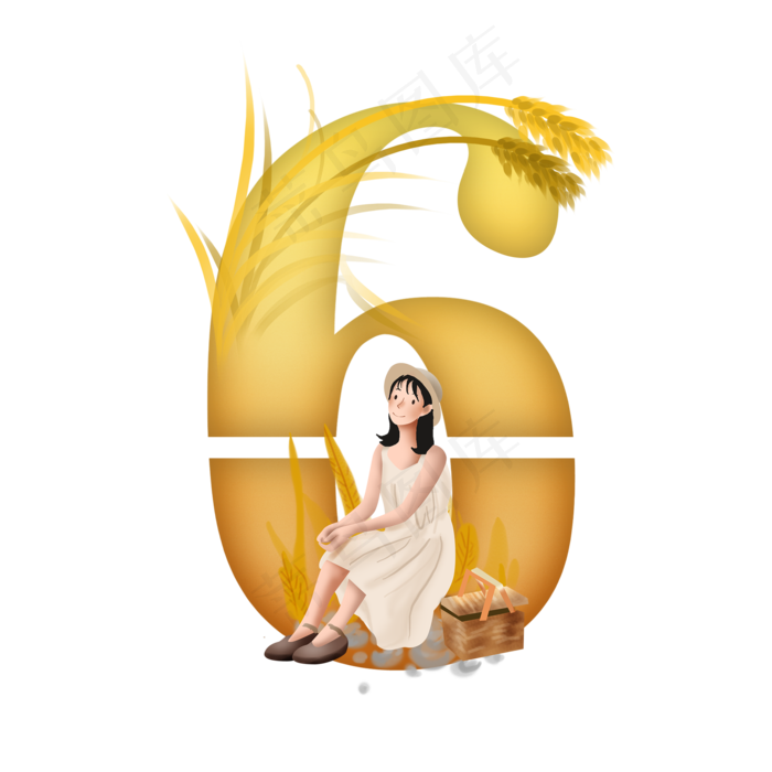 卡通黄橙渐变小麦下的女孩立秋数字6(2000X2000(DPI:300))psd模版下载