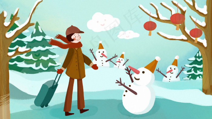过年回家雪人路上欢迎(2880X1620(DPI:300))psd模版下载