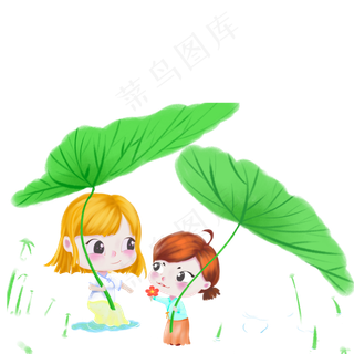 卡通女孩在摘荷叶免抠图