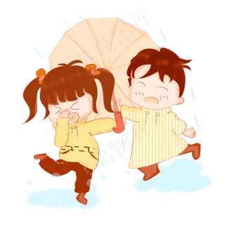 雨水节气小孩踩水场景,免抠元素