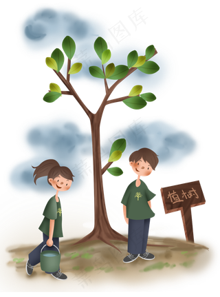 植树节种树活动少年和树苗