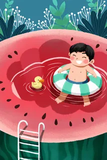 卡通手绘风夏景西瓜泳池配图