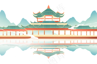 中国风新中式廊桥山水