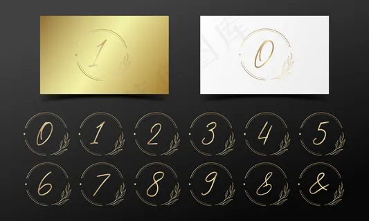 圆形框架中的金色字母数字，用于标识和品牌设计。