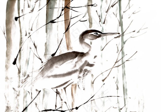 白露时节的小鸟水墨画PNG免抠(5500X3666(DPI:300))psd模版下载