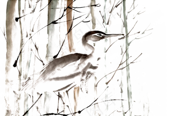 白露时节的小鸟水墨画PNG免抠(5500X3666(DPI:300))psd模版下载