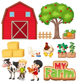 白色背景上的一套农场动物和谷仓