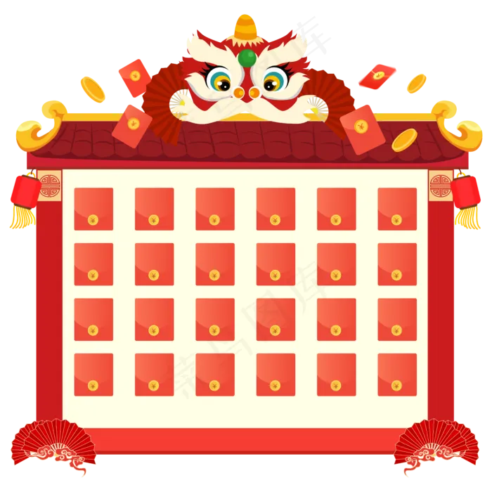 红包墙屋檐舞狮矢量图(5000*5000px 300 dpi )ai矢量模版下载