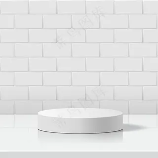 几何形式的最小场景。白色圆筒形的白色讲台，白色瓷砖墙背景。现场展示化妆品、陈列柜、店面、陈列柜。3d插图。