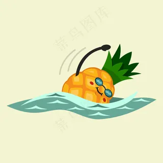 可爱的菠萝卡通人物正在游泳。健康饮食。背景上的插图。