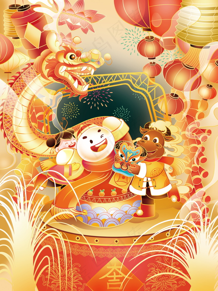 牛年插画 牛年海报 新春海报