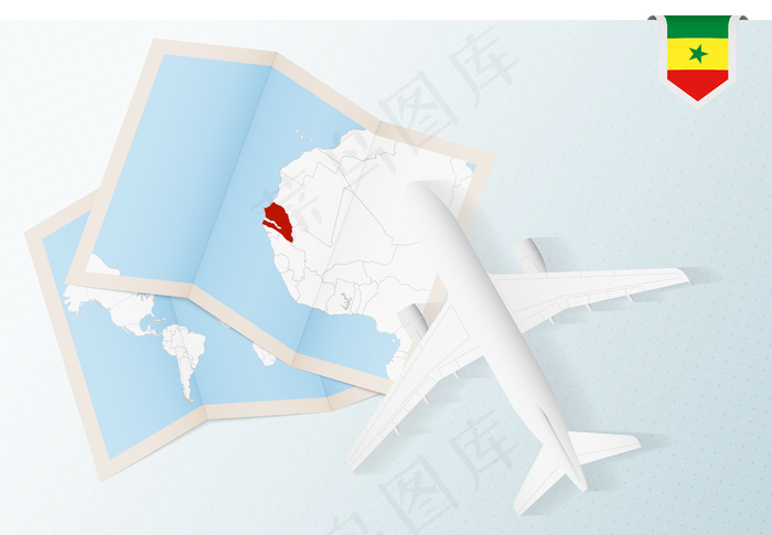 前往塞内加尔，带地图和塞内加尔国旗的顶视图飞机。eps,ai矢量模版下载