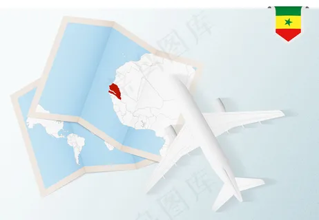 前往塞内加尔，带地图和塞内加尔国旗的顶视图飞机。