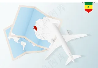 前往塞内加尔，带地图和塞内加尔国旗的顶视图飞机。