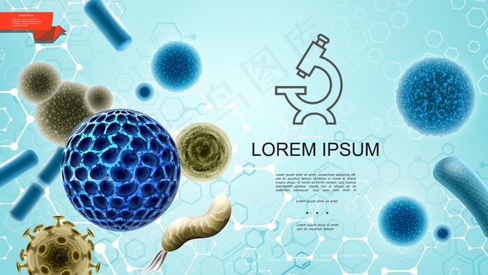 具有病毒细菌显微镜图标和分子结构图解的逼真微生物学彩色背景eps,ai矢量模版下载