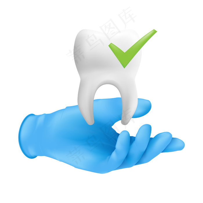 牙医手戴蓝色防护外科手套，手持陶瓷牙模型样机。