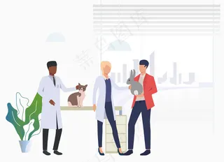 猫兔主人在兽医诊所探望兽医