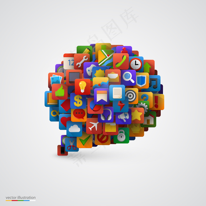 带有许多应用程序app图标的语音气泡。