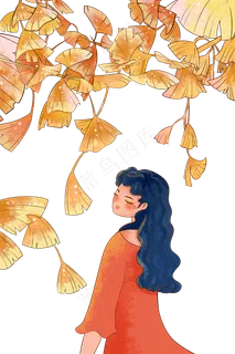 秋天银杏叶与少女