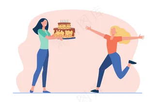 女朋友庆祝生日。快乐的女孩拿着蜡烛吃大蛋糕。卡通插画