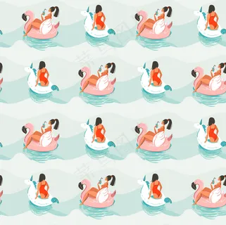 手绘抽象有趣的夏季插图无缝模式与女孩游泳粉红色火烈鸟和独角兽漂浮在蓝色的海浪圈