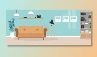 现代明亮的房间。客厅里有沙发、衣柜、台灯、油画。家具内部。