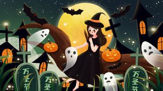 万圣节快乐南瓜女孩与幽灵