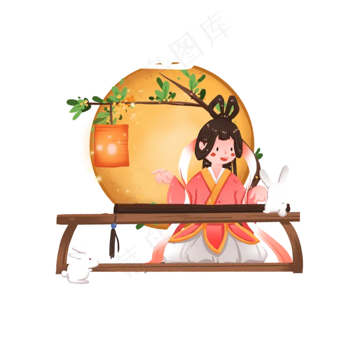 中秋节月下弹琴的卡通嫦娥(2000X2000(DPI:300))psd模版下载