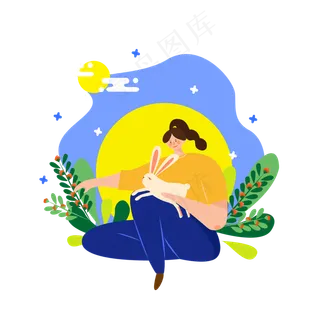 八月十五中秋节抱玉兔的女孩矢量