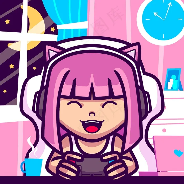 女孩玩电子游戏卡通插画eps,ai矢量模版下载