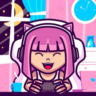 女孩玩电子游戏卡通插画