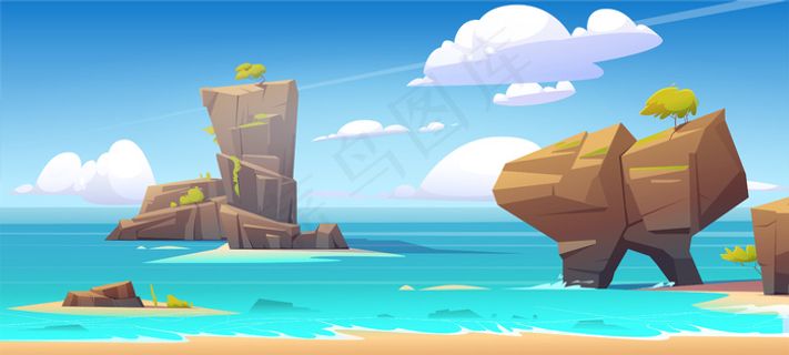 海水中有大岩石的海滩和蓝天