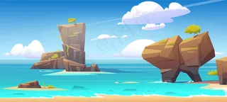 海水中有大岩石的海滩和蓝天