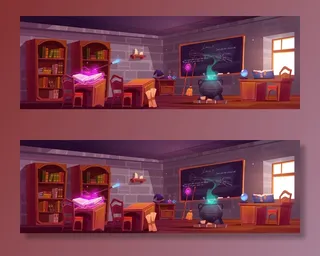 魔法学校，教室内部有供学生和老师使用的木制桌子，