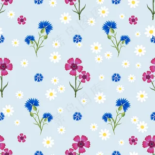 无缝模式与大小白色雏菊，粉红色康乃馨和蓝色矢车菊