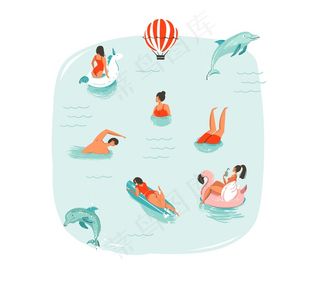 手绘抽象夏季乐趣插图与游泳快乐的人与跳跃海豚，热气球，独角兽和粉红色火烈鸟浮标漂浮在蓝色的水背景