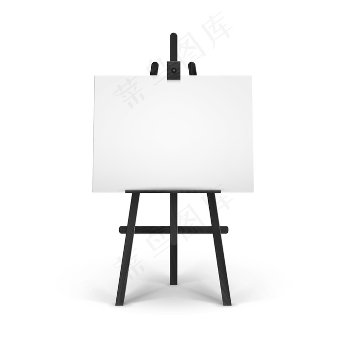 黑色木制画架，背景上有空的水平画布