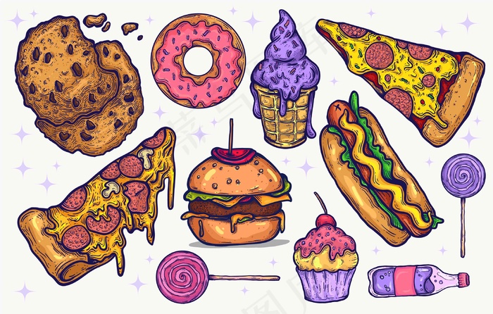 垃圾食品和糖果糖果手工绘制的平面设计项目的独立剪贴画元素。图文并茂的美食图标和糖果，卡瓦伊的颜色，明亮的糖果。比萨饼，汉堡。eps,ai矢量模版下载