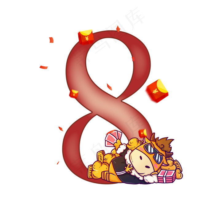 卡通红色红包牛年数字8