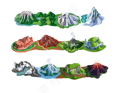 美丽的山景集不同类型的山峰、火山、岩石和山于一体