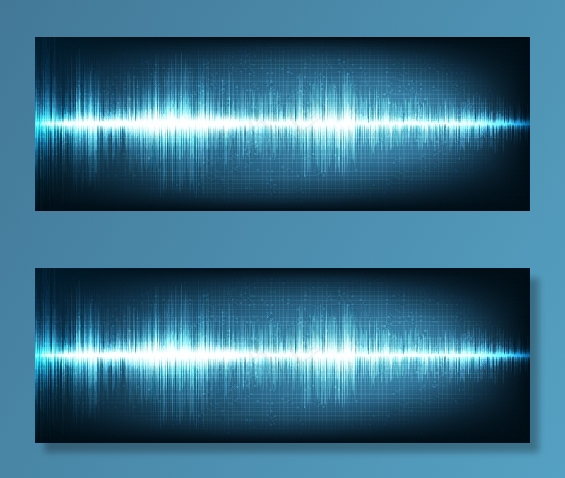 蓝色背景上的全景数字声波，技术波概念eps,ai矢量模版下载