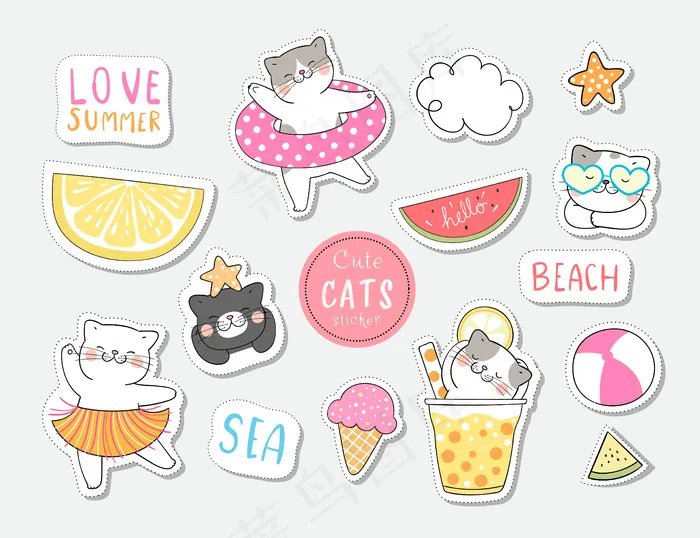 在夏天画收集贴纸。eps,ai矢量模版下载