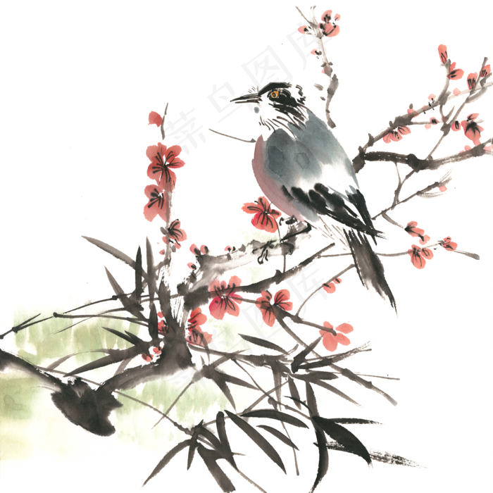 梅花小鸟水墨画 (4724X4724(DPI:300))psd模版下载