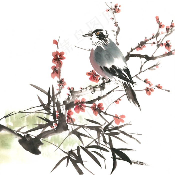 梅花小鸟水墨画 (4724X4724(DPI:300))psd模版下载