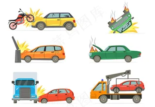 发生车祸。在白色背景上隔离燃烧汽车、摩托车、卡车、毛巾车的道路事故。