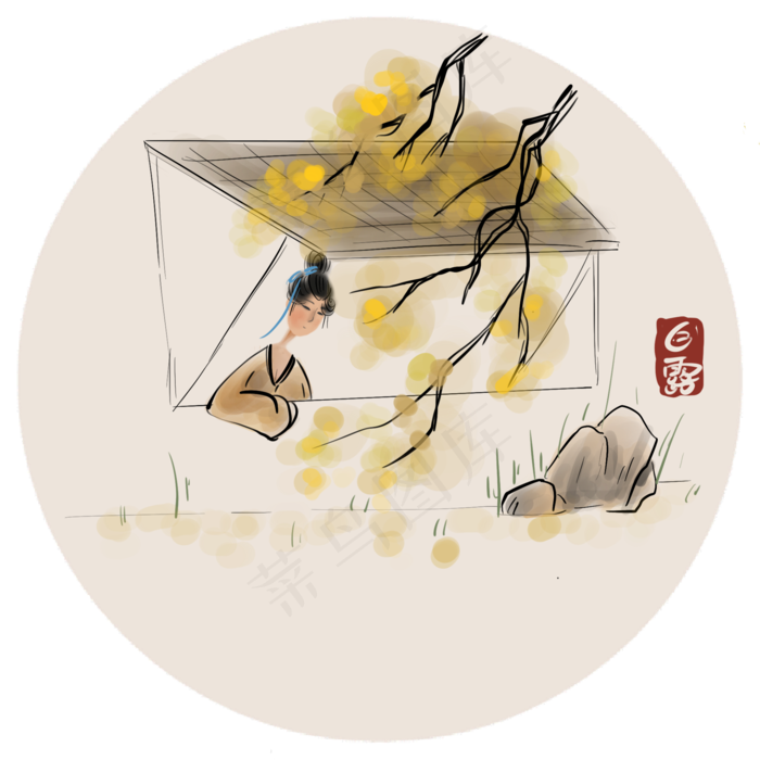 国画窗子下赏秋的古代人物