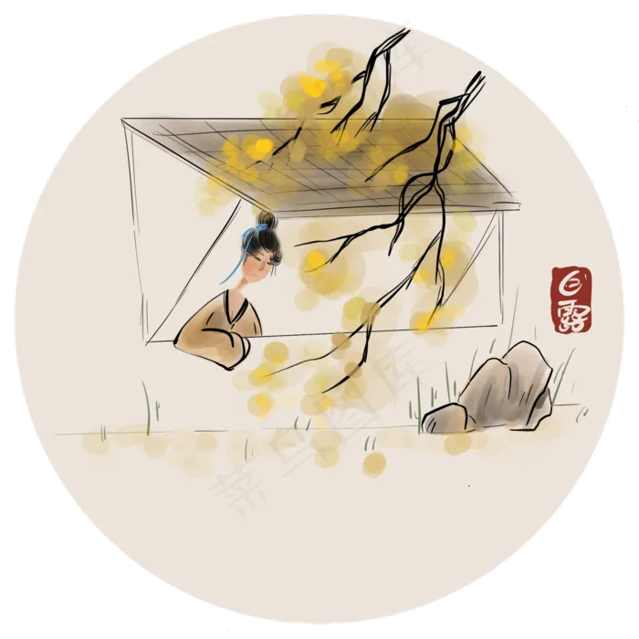 国画窗子下赏秋的古代人物(2000X2000(DPI:300))psd模版下载
