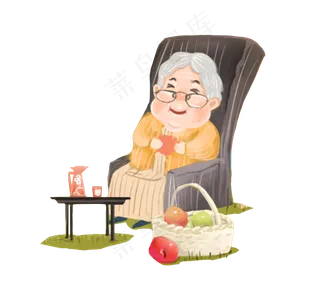 卡通手绘坐在椅子上喝茶的老奶奶
