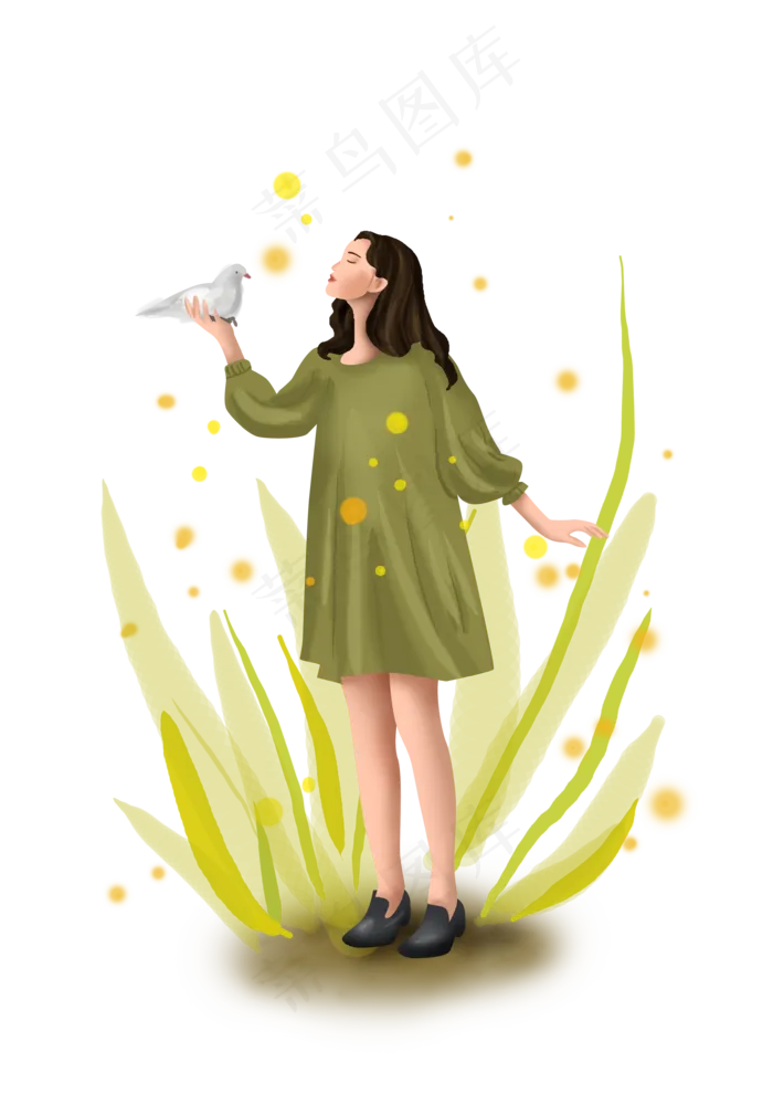 立秋秋天草丛里的女孩和鸽子,免抠元素(3508*4961px 300 dpi )psd模版下载