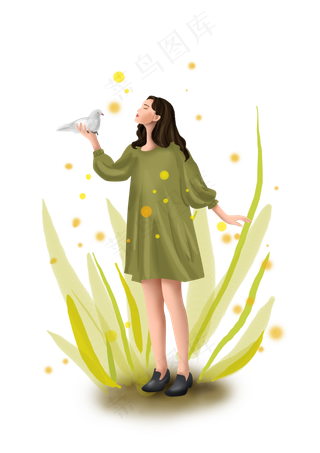 立秋秋天草丛里的女孩和鸽子,免抠元素